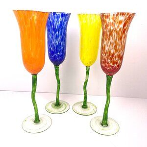 NouveauHandcrafted Confetti Art Glass Flower Stem Tulip ChampagneFlutes Set of 4